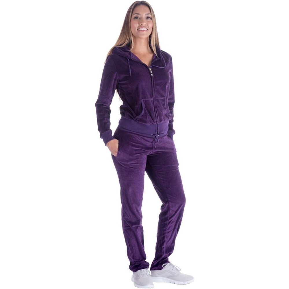 Luxurious Women's Velour Tracksuit Set in Purple – Stylish Zip-Up Hoody & Pants